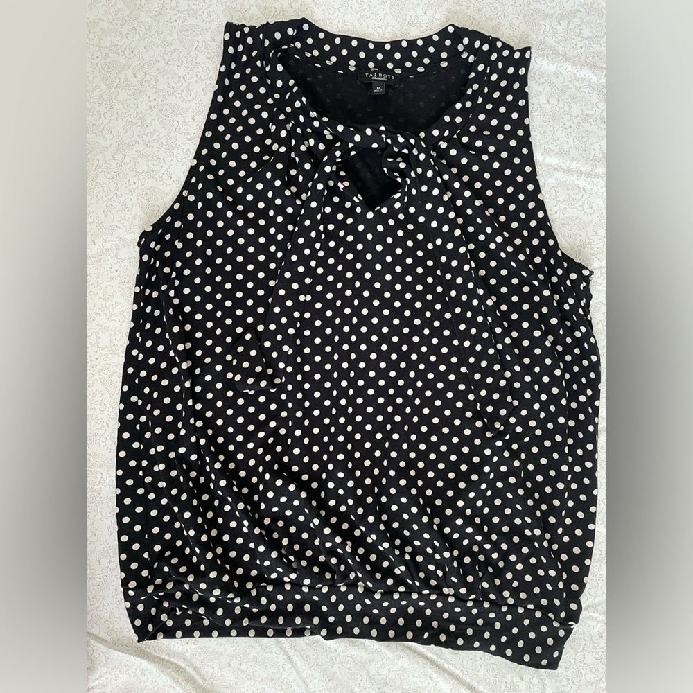 Talbots Polka Dot Blouse Sleeveless Tie Neck Top Medium